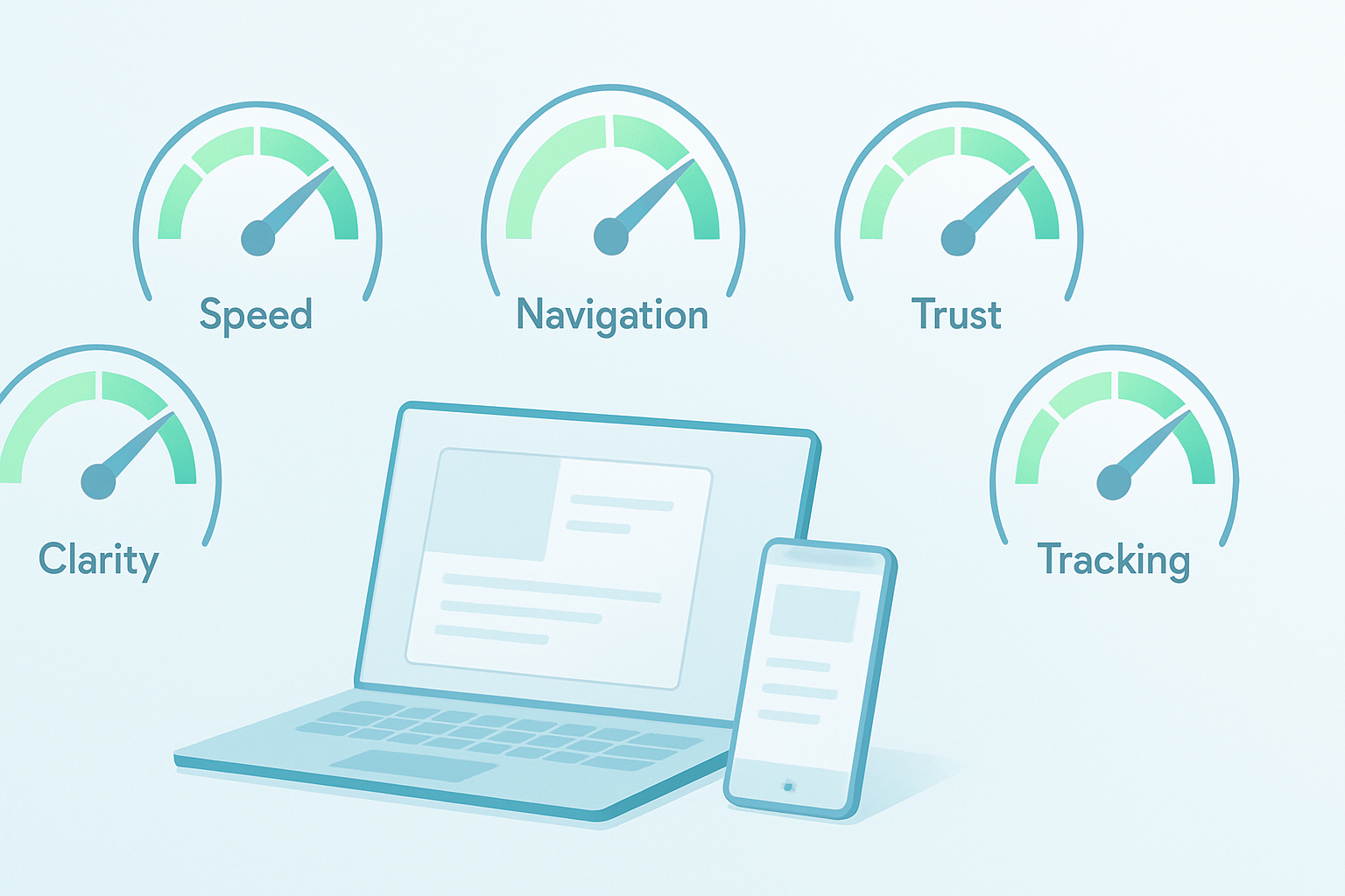 Minimal, modern dashboard-style illustration showing five health dials labeled Speed, Clarity, Navigation, Trust, Tracking