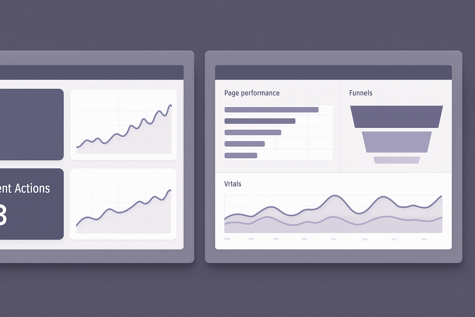Side-by-side dashboards: left minimal KPI cards (sessions → high-intent actions, trendline), right detailed charts (page performance, funnels, vitals)